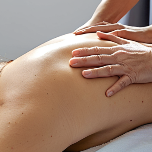 **

Acupuncture session for back pain after a car accident. Focus on the serene and relaxing environment, highlighting the thin needles on the patient's back and the therapist's gentle touch. Include elements suggesting emotional relief, like a calming color palette or a peaceful facial expression. Consider using a Spanish woman in her 40s as the patient.

**