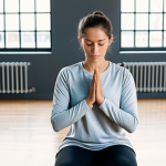 A focused woman, fully clothed in modest, comfortable athletic wear, engaging in mindful therapeutic movement in a bright, minimalist rehabilitation studio. Sunlight streams through large windows, highlighting the clean, modern space. The atmosphere is calm and restorative, emphasizing holistic recovery from an accident. Her expression is serene and determined. safe for work, appropriate content, perfect anatomy, correct proportions, natural pose, well-formed hands, proper finger count, natural body proportions, professional photography, high quality.