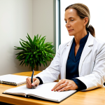 A highly respected holistic health practitioner, a woman in her 40s, wearing a modest, professional lab coat over a smart, appropriate dress. She is seated at a clean, modern wooden desk, attentively listening and taking notes with a pen in a notebook. The setting is a serene, well-lit consultation room in a contemporary wellness clinic, featuring warm ambient lighting and soft, neutral tones on the walls. Subtle elements include a healthy green plant in the corner and a discreet, elegant wall art piece, conveying a peaceful and professional atmosphere. The image is a high-quality, professional portrait, with perfect anatomy, correct proportions, natural pose, well-formed hands, proper finger count, and natural body proportions. safe for work, appropriate content, fully clothed, professional dress, family-friendly.
