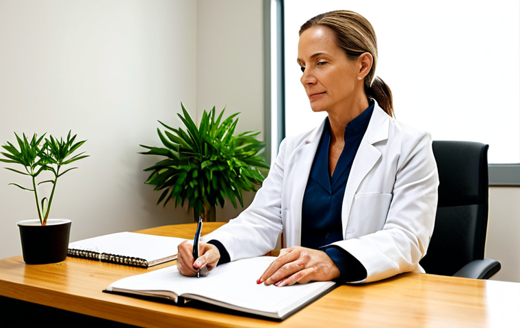 A highly respected holistic health practitioner, a woman in her 40s, wearing a modest, professional lab coat over a smart, appropriate dress. She is seated at a clean, modern wooden desk, attentively listening and taking notes with a pen in a notebook. The setting is a serene, well-lit consultation room in a contemporary wellness clinic, featuring warm ambient lighting and soft, neutral tones on the walls. Subtle elements include a healthy green plant in the corner and a discreet, elegant wall art piece, conveying a peaceful and professional atmosphere. The image is a high-quality, professional portrait, with perfect anatomy, correct proportions, natural pose, well-formed hands, proper finger count, and natural body proportions. safe for work, appropriate content, fully clothed, professional dress, family-friendly.