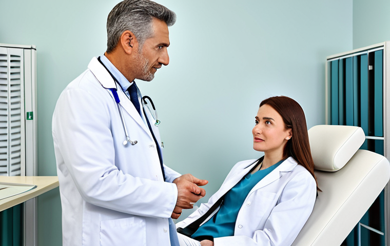 **

"A doctor in a modern, bright clinic, consulting with a patient. The patient is fully clothed and relaxed. The doctor is wearing a professional white coat. The environment should convey trust and care. Appropriate attire, safe for work, perfect anatomy, natural proportions, professional setting, high quality."

**