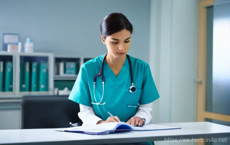 교통사고 후유증 치료 비용 - **Prompt:** A person (adult, gender neutral) in a sterile, modern medical examination room, seated o...