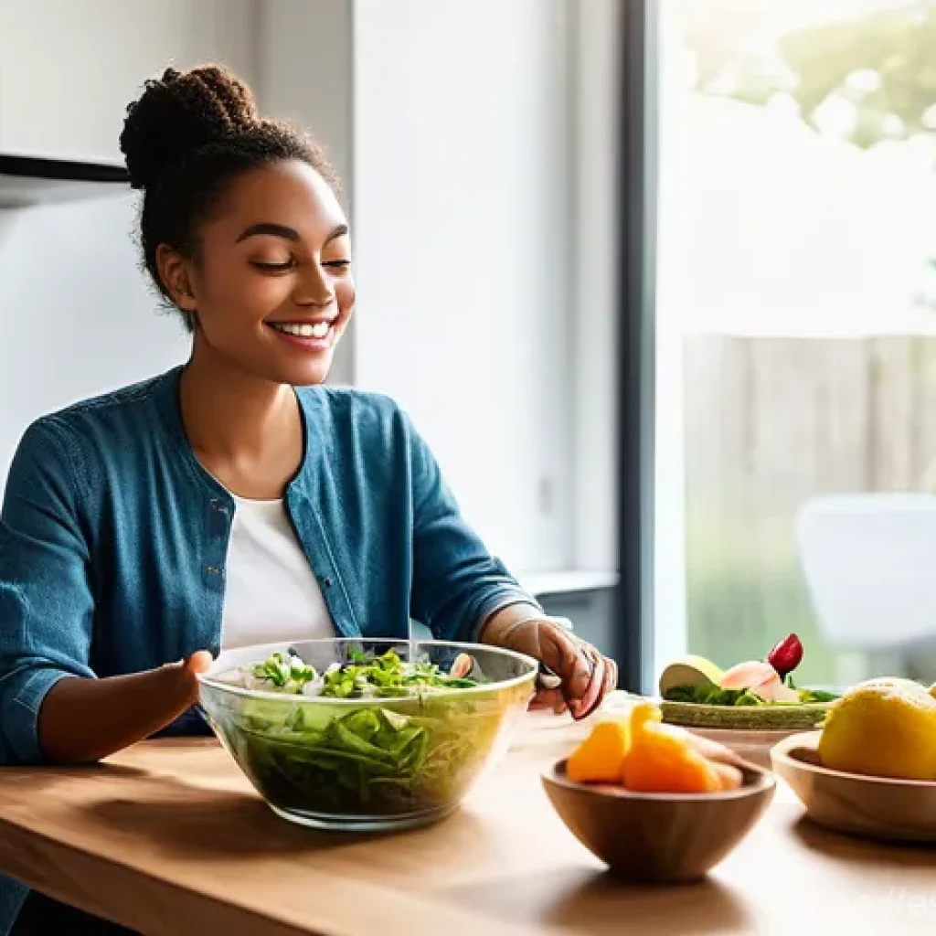 한방병원과 양방치료 병행 후기 - **Mindful Eating:** The person is seated at a clean, sunlit kitchen table, enjoying a colorful and h...