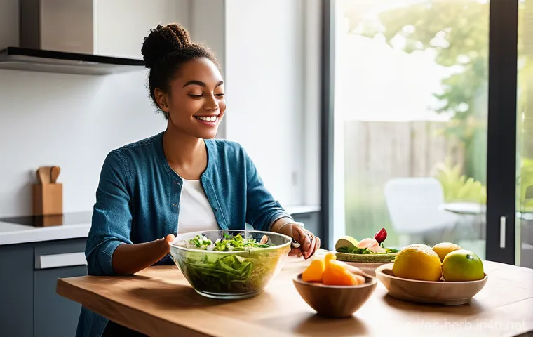 한방병원과 양방치료 병행 후기 - **Mindful Eating:** The person is seated at a clean, sunlit kitchen table, enjoying a colorful and h...