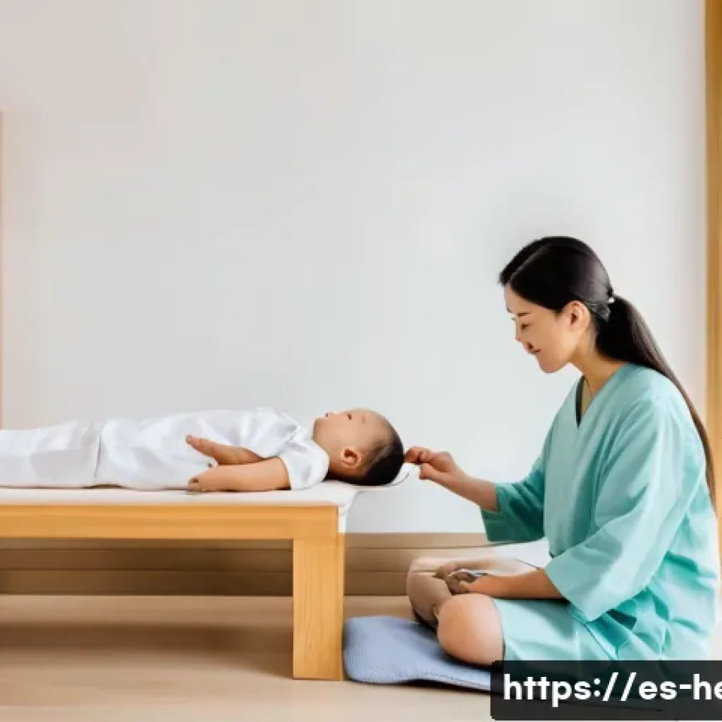 소아 비염 한방치료 보험 적용 - A calm pediatric clinic room in a modern Spanish city, showing a certified traditional Chinese medic...