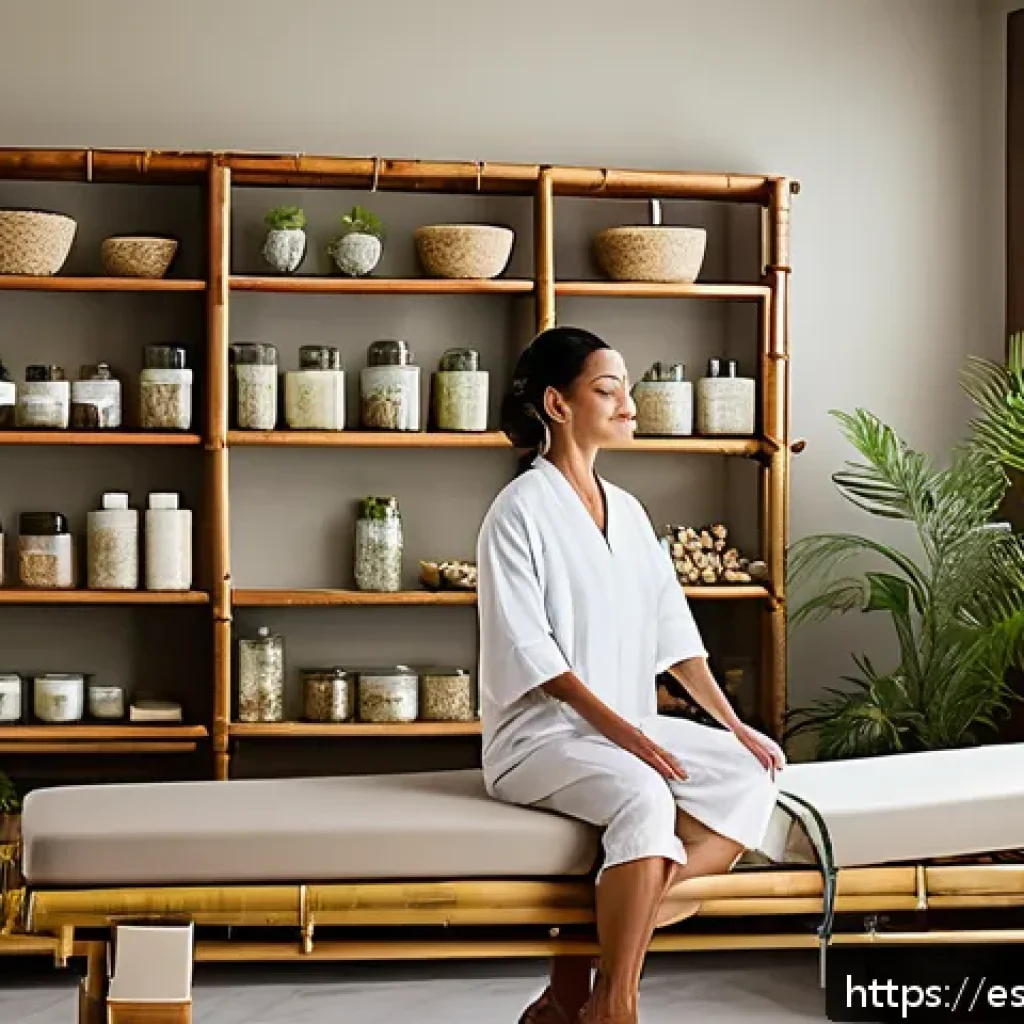 한방병원에서의 스트레스 관리 - A serene wellness center interior blending traditional and modern elements, featuring a calm treatme...