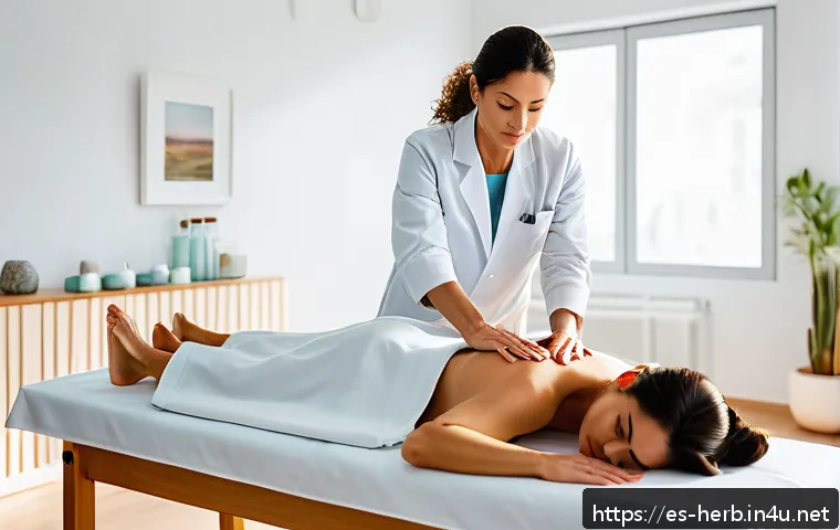 한방병원 침술 효과 후기 - A serene acupuncture therapy session in a modern, clean clinic setting in Spain, featuring a middle-...