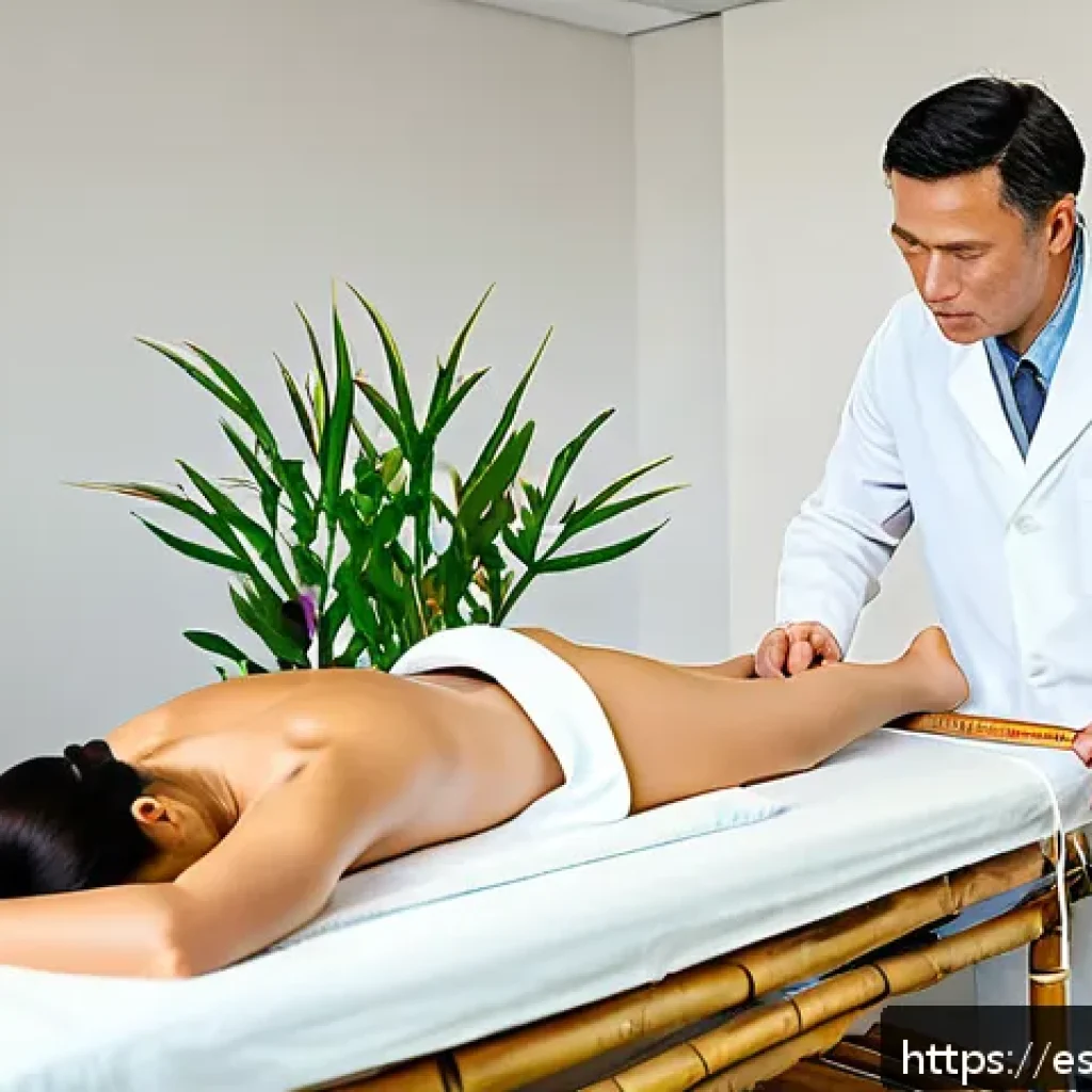 어깨 통증 침술 치료 효과 - A serene acupuncture therapy session in a modern clinic tailored for Spanish-speaking patients, feat...