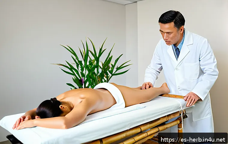 어깨 통증 침술 치료 효과 - A serene acupuncture therapy session in a modern clinic tailored for Spanish-speaking patients, feat...