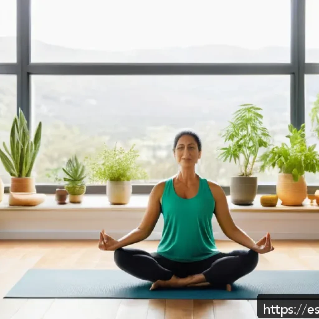 만성질환 관리와 한방치료 - A serene indoor scene of a middle-aged Hispanic woman practicing yoga in a bright, minimalist living...