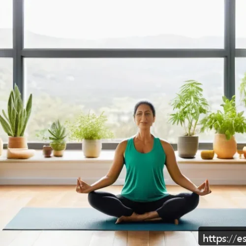 만성질환 관리와 한방치료 - A serene indoor scene of a middle-aged Hispanic woman practicing yoga in a bright, minimalist living...