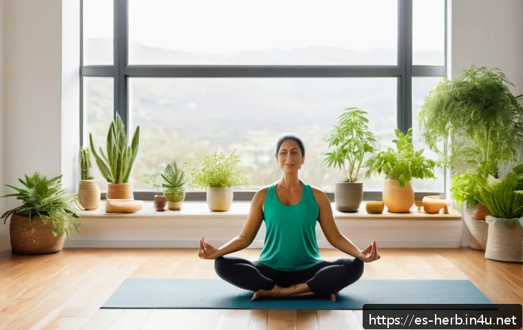 만성질환 관리와 한방치료 - A serene indoor scene of a middle-aged Hispanic woman practicing yoga in a bright, minimalist living...