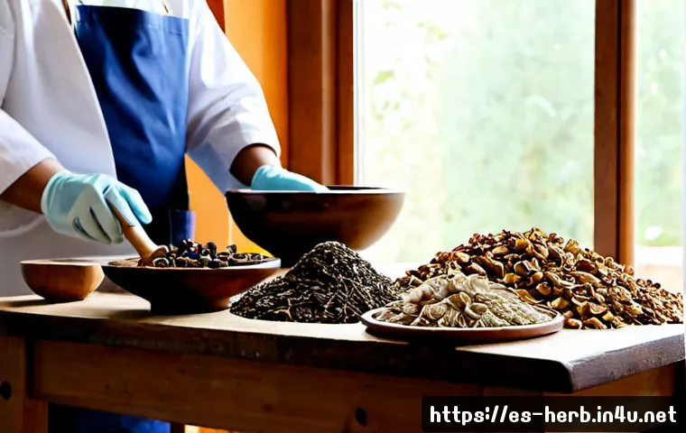 Home 17 한방병원에서 사용하는 약재 - Photorealistic traditional herbal medicine clinic preparation table, neatly arranged dried ginseng r...